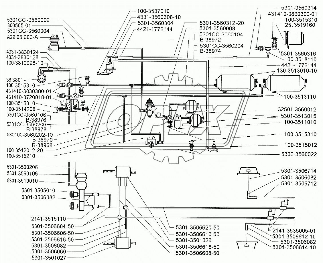 Схема тормозного привода автомобиля ЗИЛ-5301 без АБС, разделенного по бортам